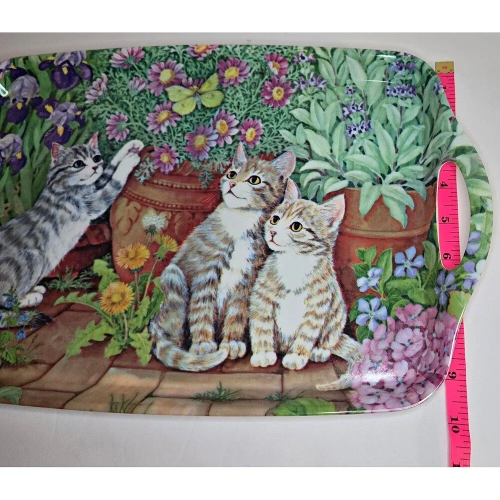 Melamine Ware Flowers/Felines Kittens Cats Rectangle Serving Tray Raised Edge